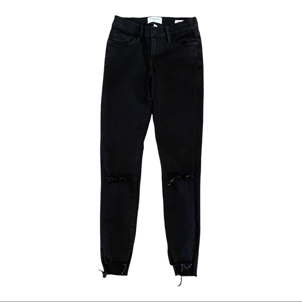 Frame Denim Le Skinny de Jeanne Raw-Edge Step Hem Jeans‎ Size 25 Black Wash